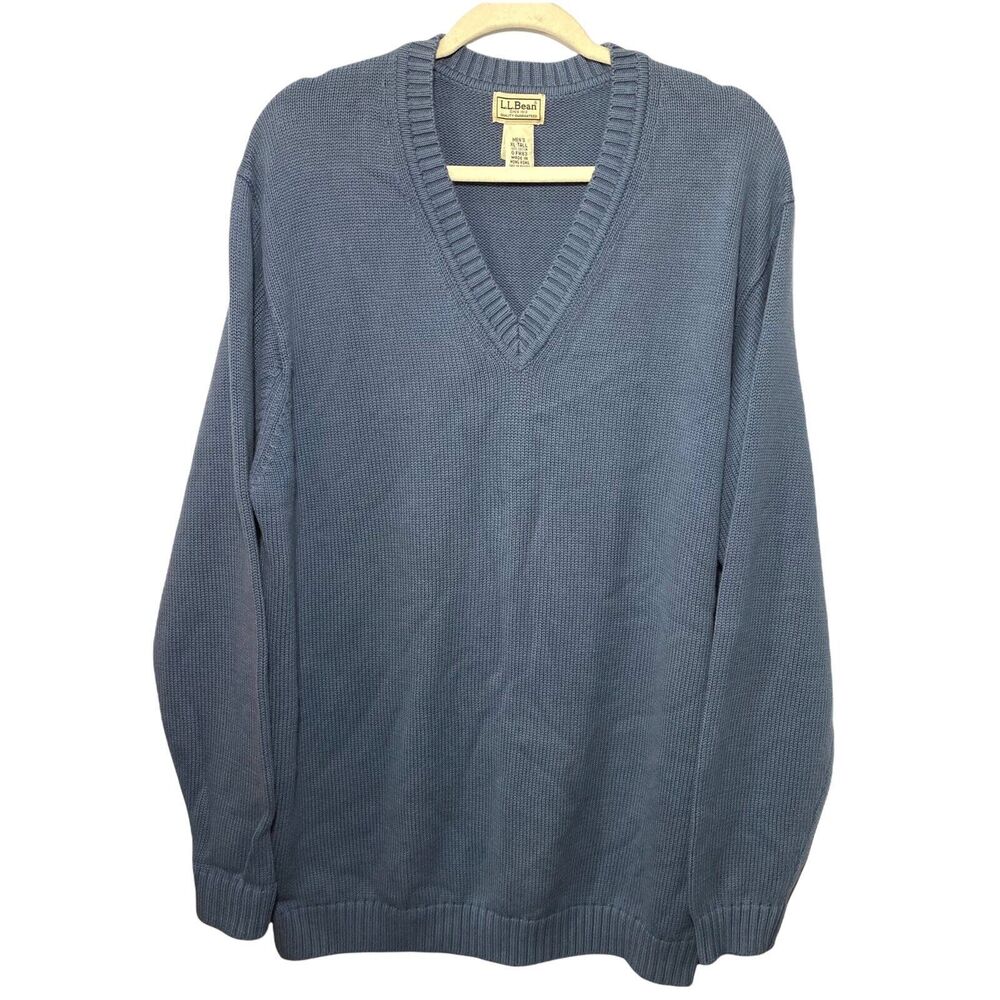 LL Bean Mens Pullover Sweater Size XL Tall Blue Grey V-neck Long Sleeve 0FW83
